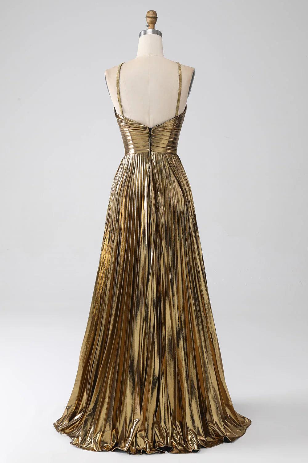 Sparkly Golden A Line Halter Neck Long Prom Dress with Keyhole Slit
