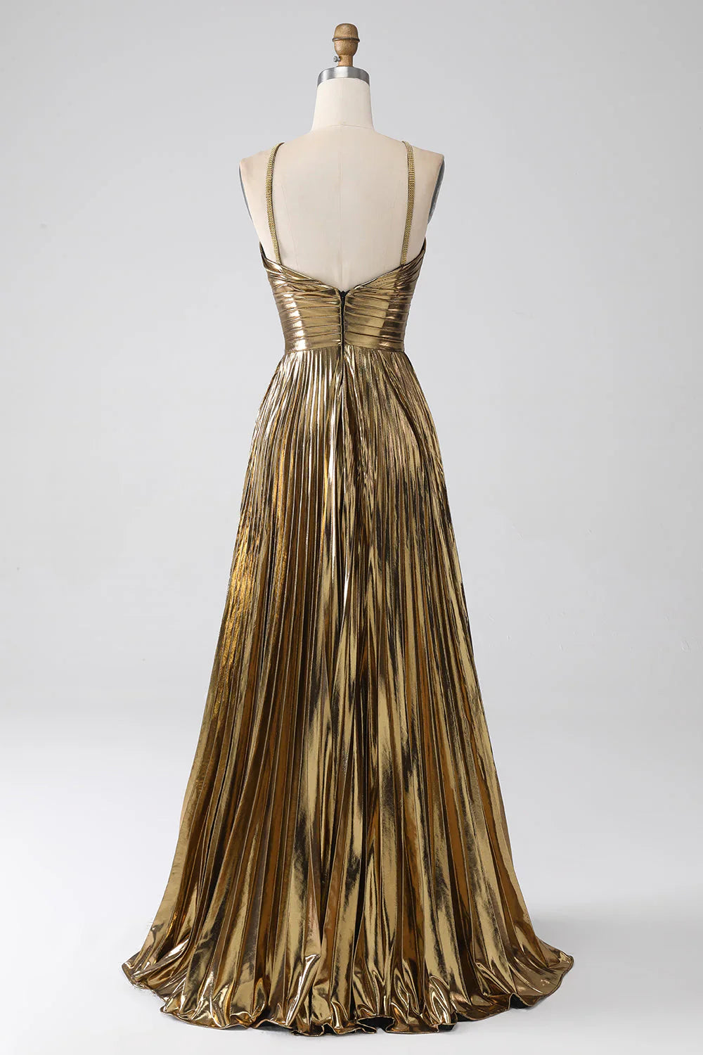 Sparkly Golden A Line Halter Neck Long Prom Dress with Keyhole Slit