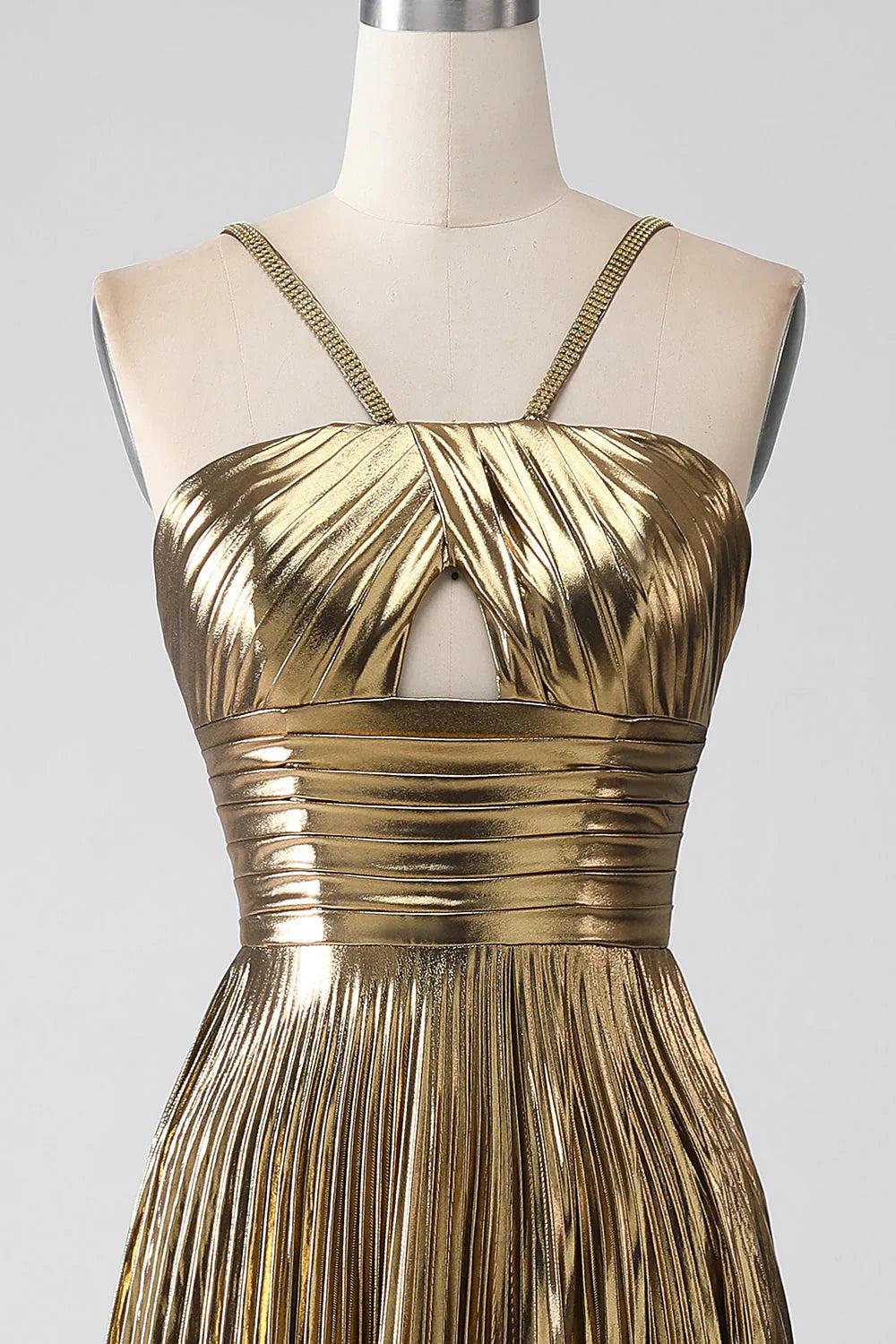 Sparkly Golden A Line Halter Neck Long Prom Dress with Keyhole Slit