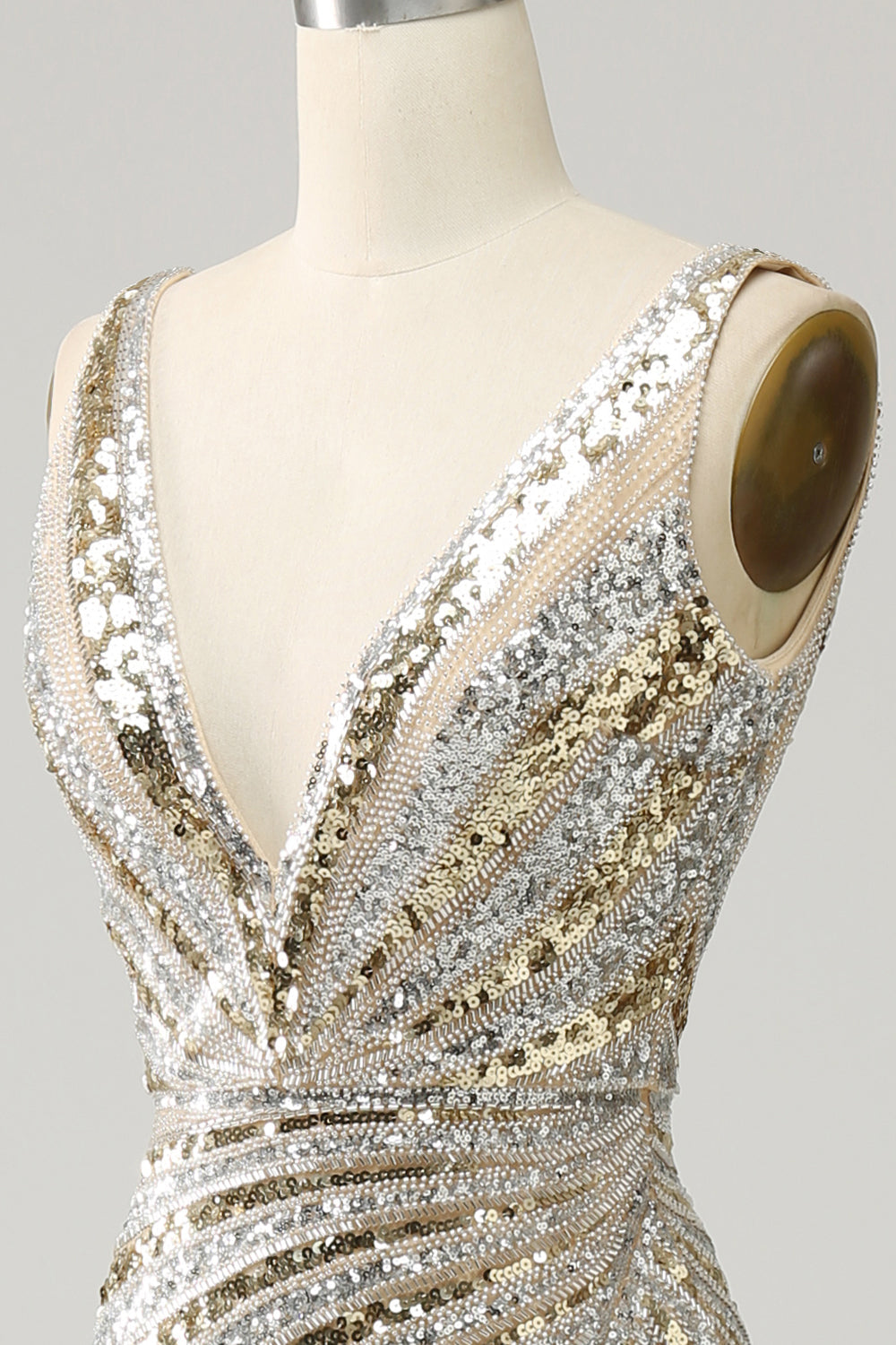 Sparkly Golden Mermaid Deep V-Neck Long Prom Dress with Silt