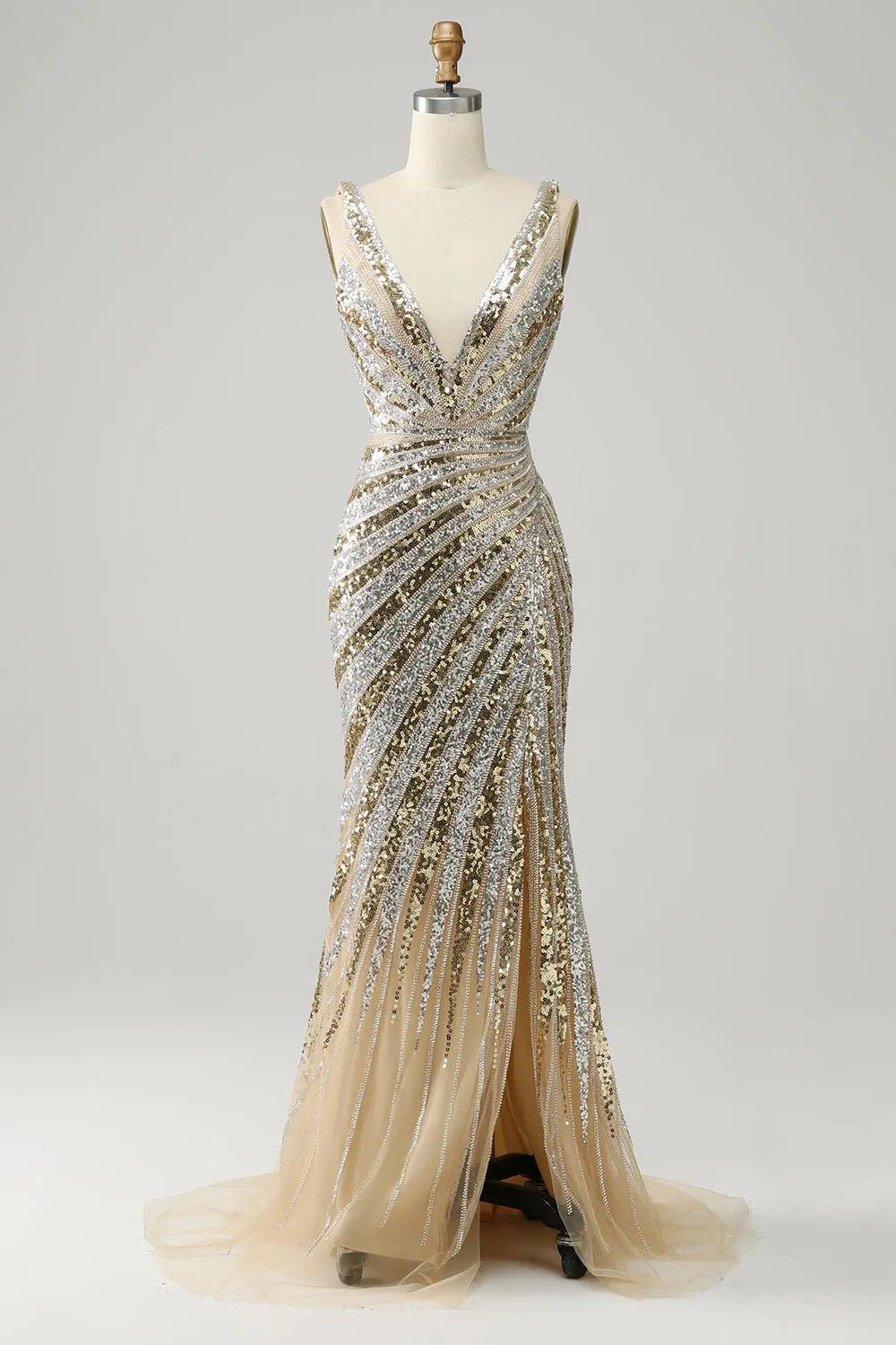 Sparkly Golden Mermaid Deep V-Neck Sequins Long Prom Dress