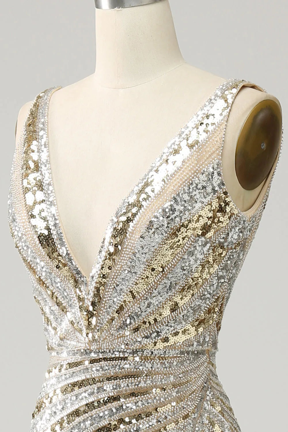 Sparkly Golden Mermaid Deep V-Neck Sequins Long Prom Dress