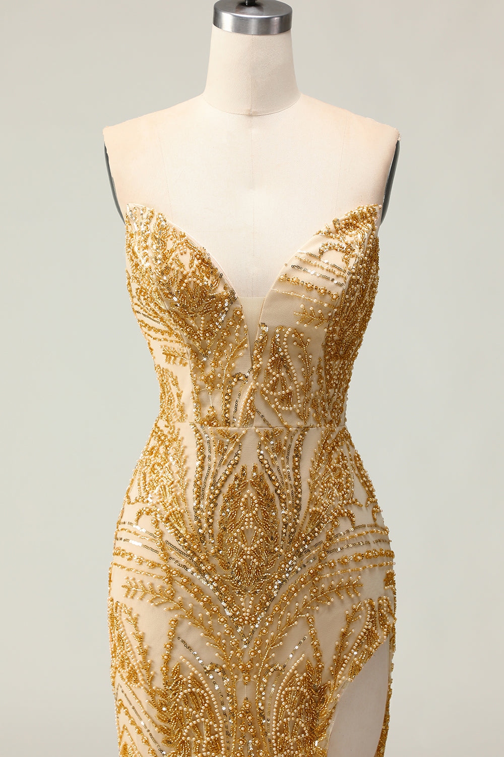 Sparkly Golden Mermaid Strapless Long Beaded Prom Dress with Slit