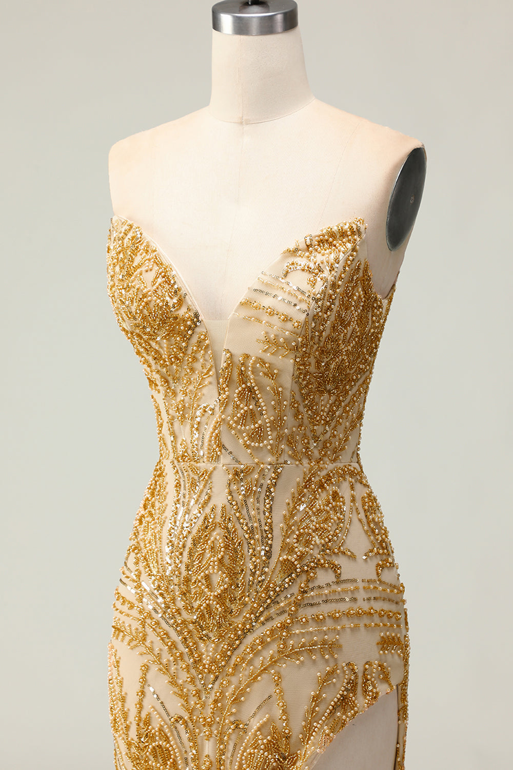 Sparkly Golden Mermaid Strapless Long Beaded Prom Dress with Slit