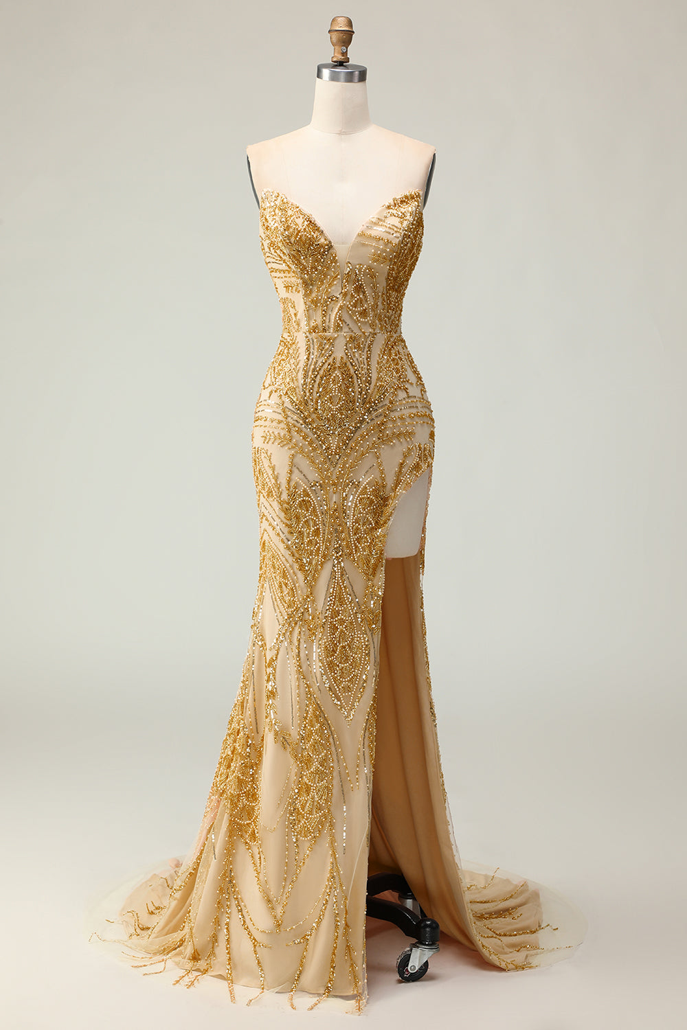 Sparkly Golden Mermaid Strapless Long Beaded Prom Dress with Slit