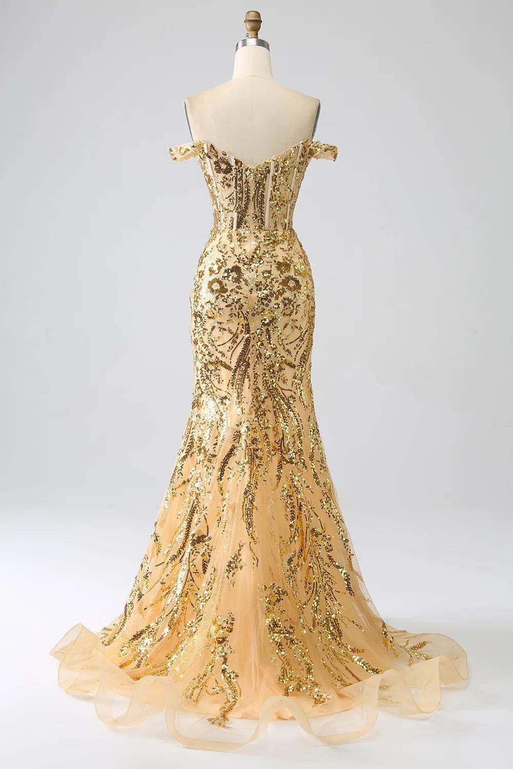 Sparkly Golden Off the Shoulder Mermaid Sequins Long Prom Dress with Slit