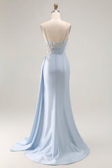 Sparkly Light Blue Mermaid Spaghetti Straps Ruched Long Corset Prom Dress with Slit
