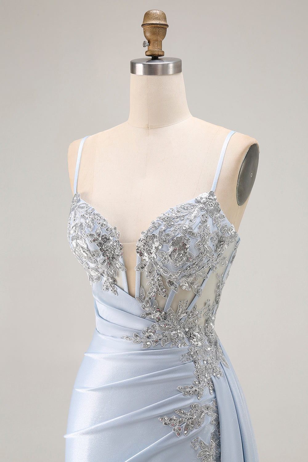 Sparkly Light Blue Mermaid Spaghetti Straps Ruched Long Corset Prom Dress with Slit