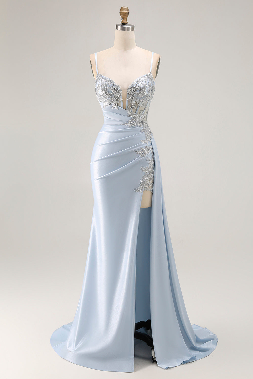 Sparkly Light Blue Mermaid Spaghetti Straps Ruched Long Corset Prom Dress with Slit