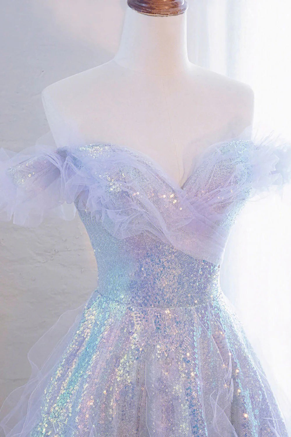 Sparkly Light Blue Off the Shoulder Sequin Long Prom Dress with Ruffles