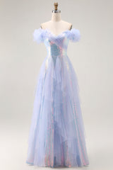 Sparkly Light Blue Off the Shoulder Sequin Long Prom Dress with Ruffles