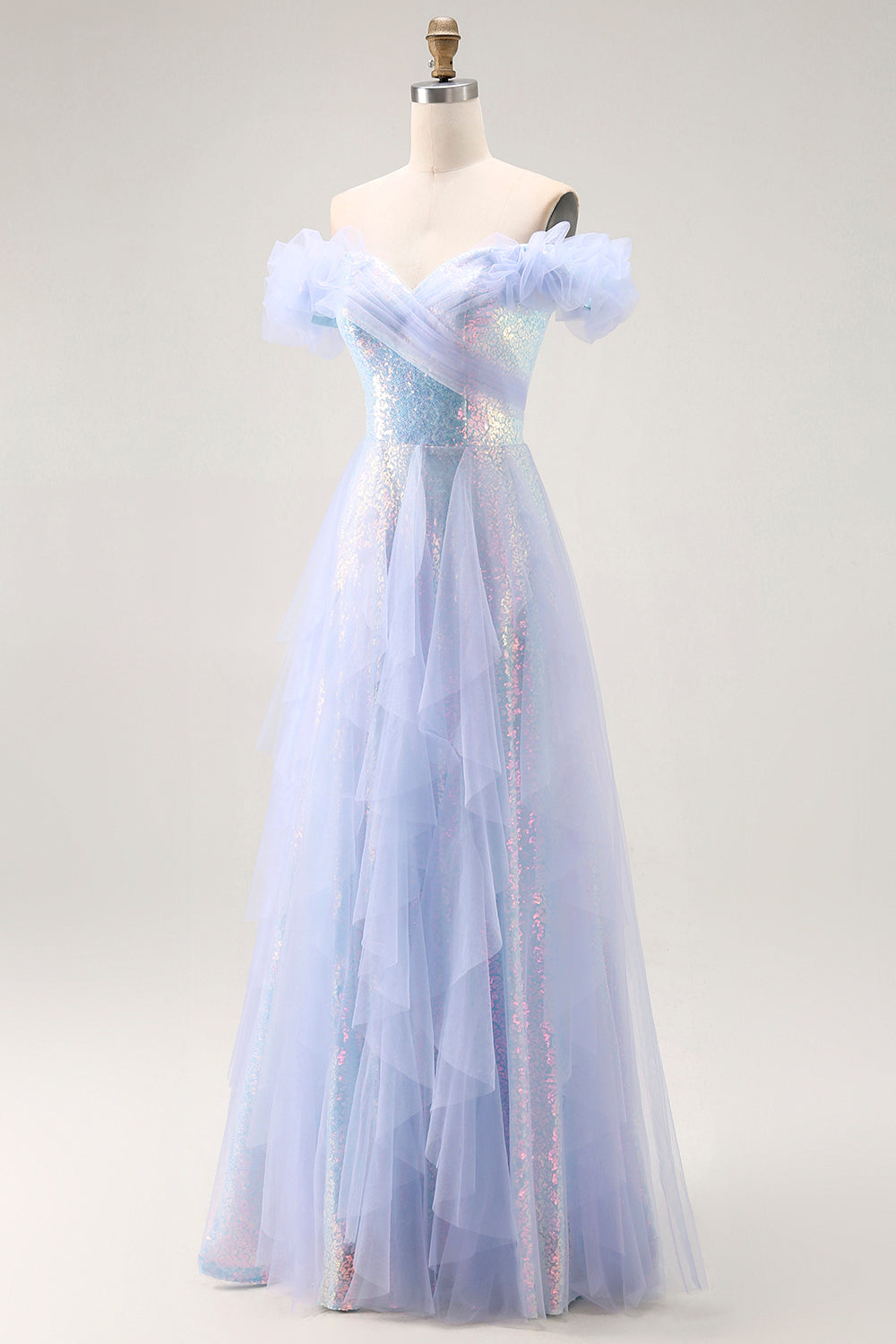 Sparkly Light Blue Off the Shoulder Sequin Long Prom Dress with Ruffles