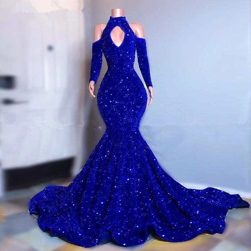 Sparkly Long Sleeves Mermaid Floor-Length Prom Evening Dresses-misshow.com