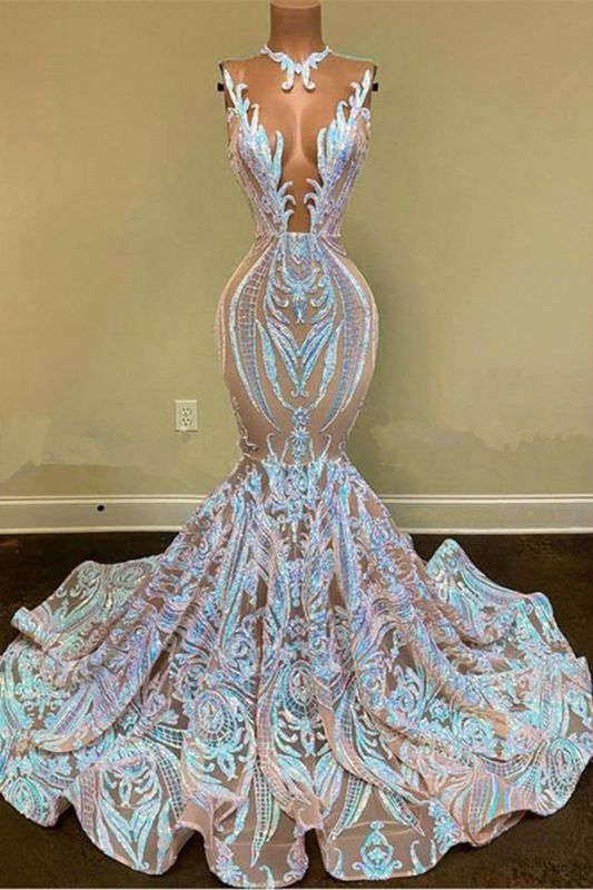 Sparkly Mermaid Glitter Floral Lace Floor-Length Prom Dress-misshow.com