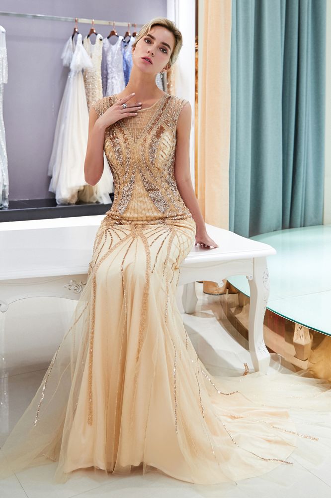 Looking for Prom Dresses,Evening Dresses in Tulle, Mermaid style, and Gorgeous Beading,Sequined work  MISSHOW has all covered on this elegant MAUD, Sparkly Mermaid Sleeveless Golden Sequins Beading Formal Party Dress