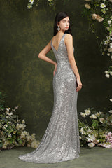 Sparkly Mermaid Wide Straps V-neck Sequins Bridesmaid/Prom Dress With Side Slit-misshow.com