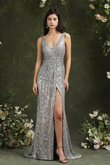 Sparkly Mermaid Wide Straps V-neck Sequins Bridesmaid/Prom Dress With Side Slit-misshow.com