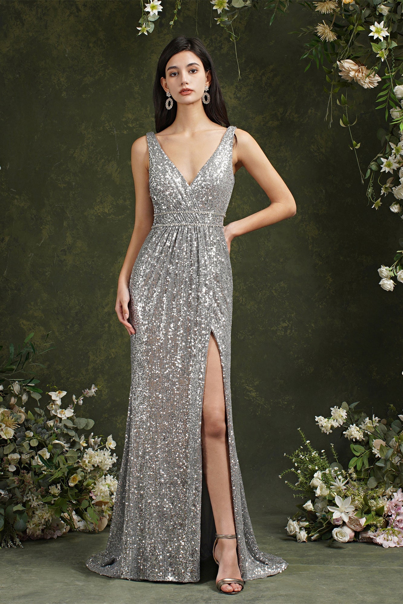 Sparkly Mermaid Wide Straps V-neck Sequins Bridesmaid/Prom Dress With Side Slit-misshow.com