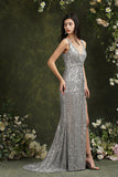 Sparkly Mermaid Wide Straps V-neck Sequins Bridesmaid/Prom Dress With Side Slit-misshow.com