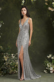 Sparkly Mermaid Wide Straps V-neck Sequins Bridesmaid/Prom Dress With Side Slit