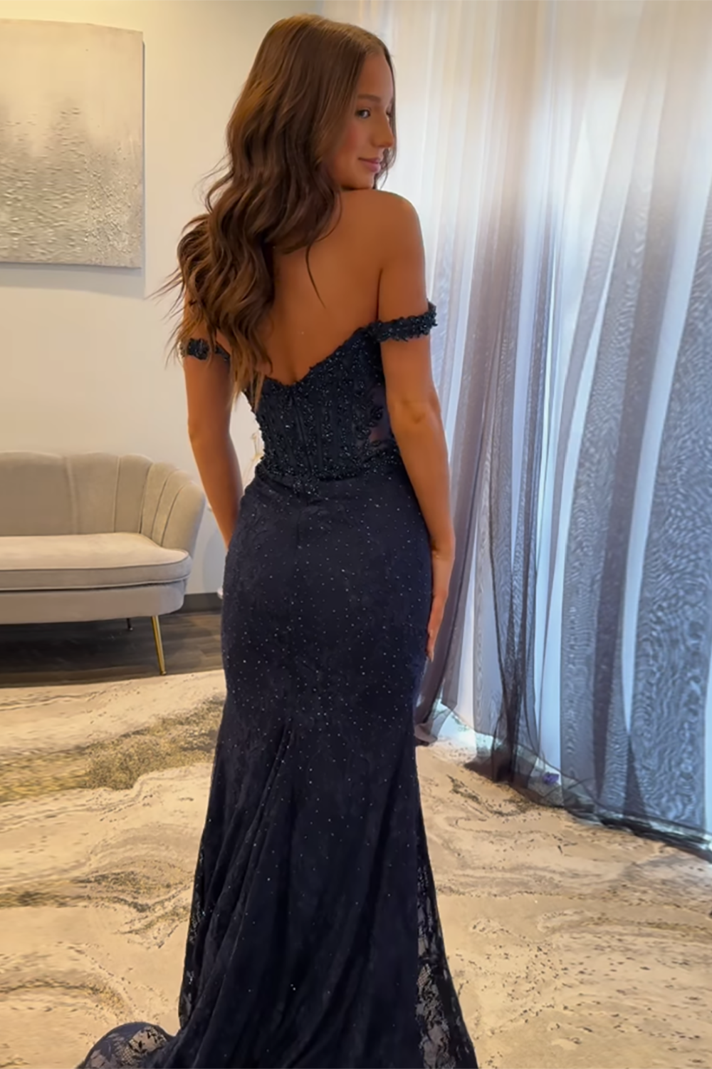 Sparkly Off the Shoulder Navy Mermaid Corset Long Lace Prom Dress