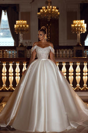 Sparkly Off-the-Shoulder Sequins A-line Bridal Dress with Detachable Sweep Train