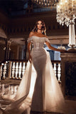 Sparkly Off-the-Shoulder Sequins Mermaid Bridal Dress with Detachable Sweep Train-misshow.com