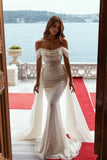 Sparkly Off-the-Shoulder Sequins Mermaid Bridal Dress with Detachable Sweep Train-misshow.com
