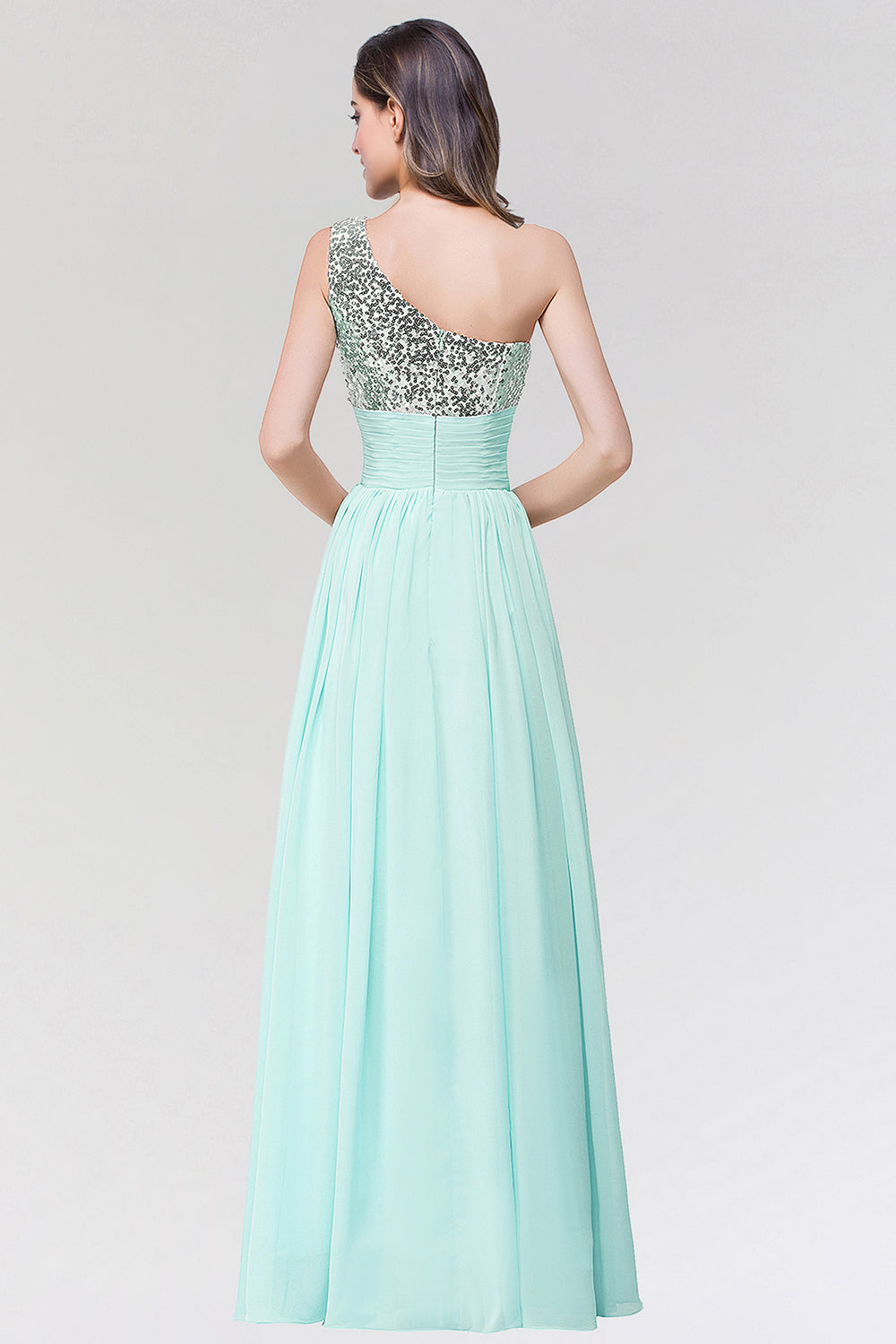 Sparkly One-shoulder Ruffle Long Bridesmaid dresses with Sequined Top
