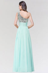 Sparkly One-shoulder Ruffle Long Bridesmaid dresses with Sequined Top