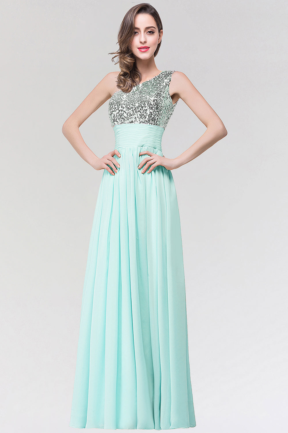 Sparkly One-shoulder Ruffle Long Bridesmaid dresses with Sequined Top