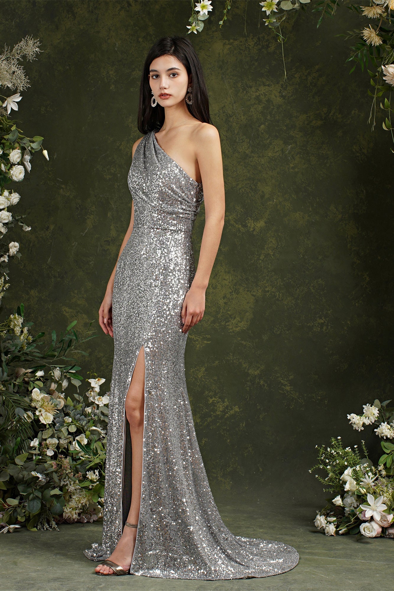 Sparkly One Shoulder Sequins Mermaid Floor-length Bridesmaid/Prom Dress With Side Slit-misshow.com