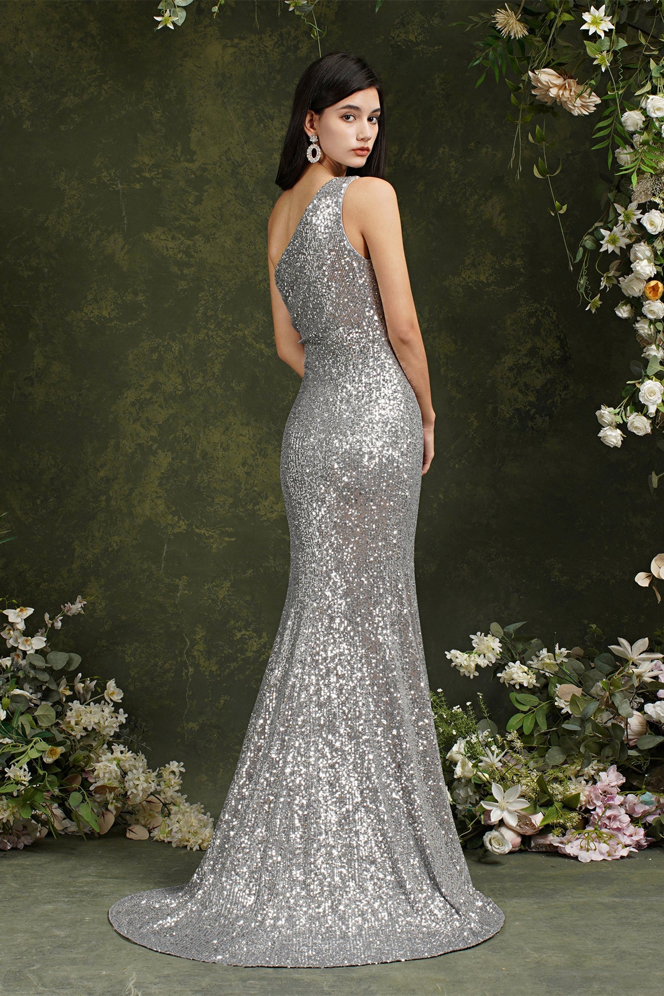 Sparkly One Shoulder Sequins Mermaid Floor-length Bridesmaid/Prom Dress With Side Slit-misshow.com