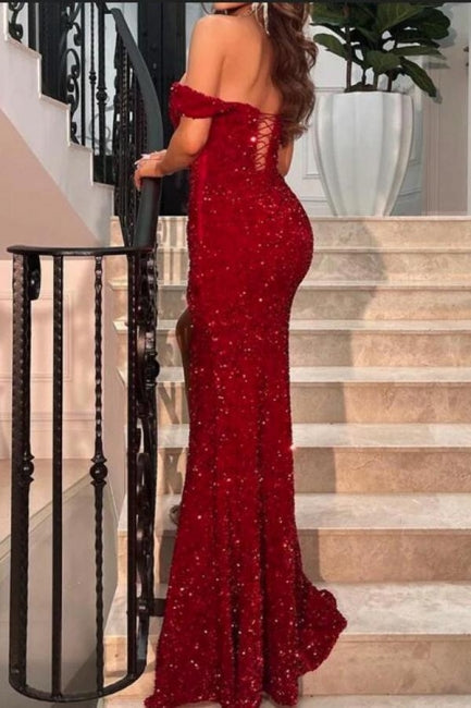 Sparkly Red Off-the-shoulder Long Mermaid Prom Dresses With Slit-misshow.com