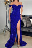 Sparkly Red Off-the-shoulder Long Mermaid Prom Dresses With Slit-misshow.com