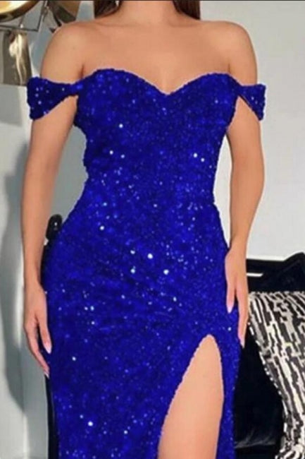Sparkly Red Off-the-shoulder Long Mermaid Prom Dresses With Slit-misshow.com