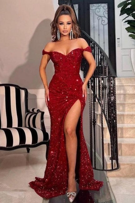 Sparkly Red Off-the-shoulder Long Mermaid Prom Dresses With Slit-misshow.com