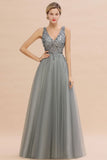Sparkly Sequins V-Neck Aline Evening Maxi Dress Tulle Prom Dress