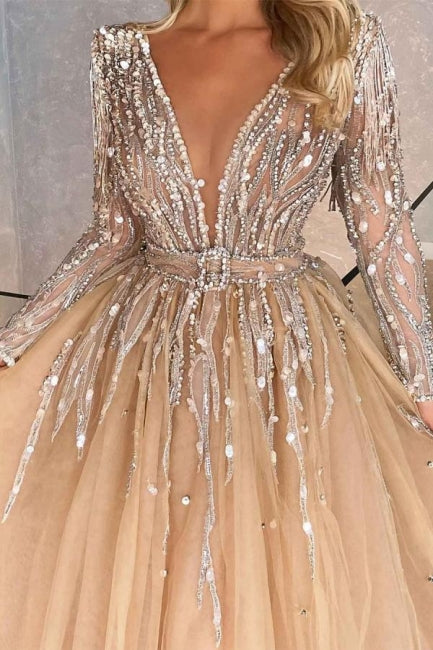 Sparkly V-neck A-line Long Sleeves Ball Gown Prom Dresses With Beads-misshow.com