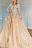 Sparkly V-neck A-line Long Sleeves Ball Gown Prom Dresses With Beads