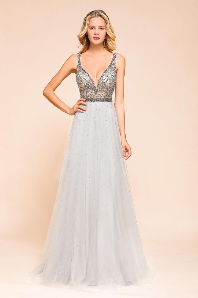 Looking for Prom Dresses,Evening Dresses in Tulle, A-line style, and Gorgeous Beading work  MISSHOW has all covered on this elegant Sparkly V-Neck Aline Evening Dress Floor Length Sleeveless Wedding Party Dress.