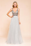 Sparkly V-Neck Aline Evening Dress Floor Length Sleeveless Wedding Party Dress