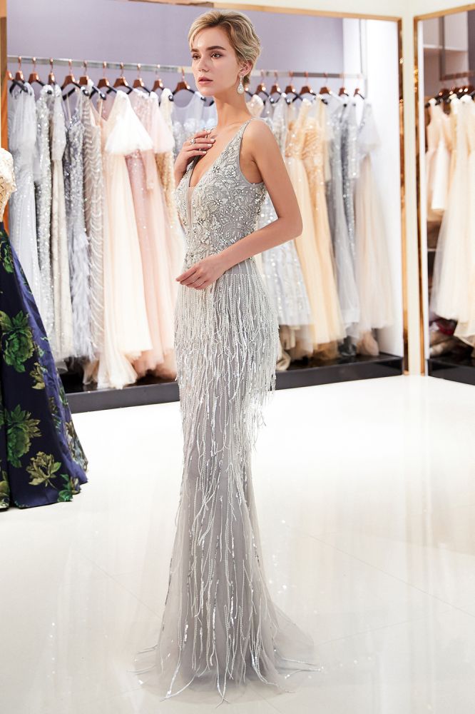 MISSHOW offers Sparkly V-Neck Tassels Mermaid Prom Dress Sequins Party Gown at a good price from Gold,Gray,Tulle to Mermaid Floor-length them. Stunning yet affordable Sleeveless Prom Dresses,Evening Dresses.