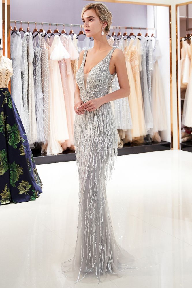 MISSHOW offers Sparkly V-Neck Tassels Mermaid Prom Dress Sequins Party Gown at a good price from Gold,Gray,Tulle to Mermaid Floor-length them. Stunning yet affordable Sleeveless Prom Dresses,Evening Dresses.
