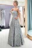 Strapless Sequined Chiffon Party Dress A-line Floor Length Prom Dress
