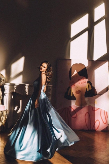 Strapless Sleeveless A-Line Satin Floor-Length Prom Evening Dresses with Ruffles-misshow.com