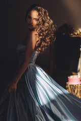 Strapless Sleeveless A-Line Satin Floor-Length Prom Evening Dresses with Ruffles-misshow.com