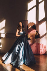 Strapless Sleeveless A-Line Satin Floor-Length Prom Evening Dresses with Ruffles-misshow.com