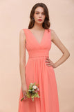 Straps V-Neck Floor Length Bridesmaid Dress Wedding Party Dress-misshow.com