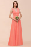 Straps V-Neck Floor Length Bridesmaid Dress Wedding Party Dress-misshow.com